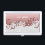 White Confetti Glitter & Pink Rose Metallic Visitenkarten Dose<br><div class="desc">Business Card Case ready for you to personalize. Featuring an eye-catching design in beautiful pink rose gold metallic ornate styled topper with white confetti glitter print on the bottom section. ✔Note: Not all template areas need changed. 📌If you need further customization, please click the "Click to Customize further" or "Customize...</div>