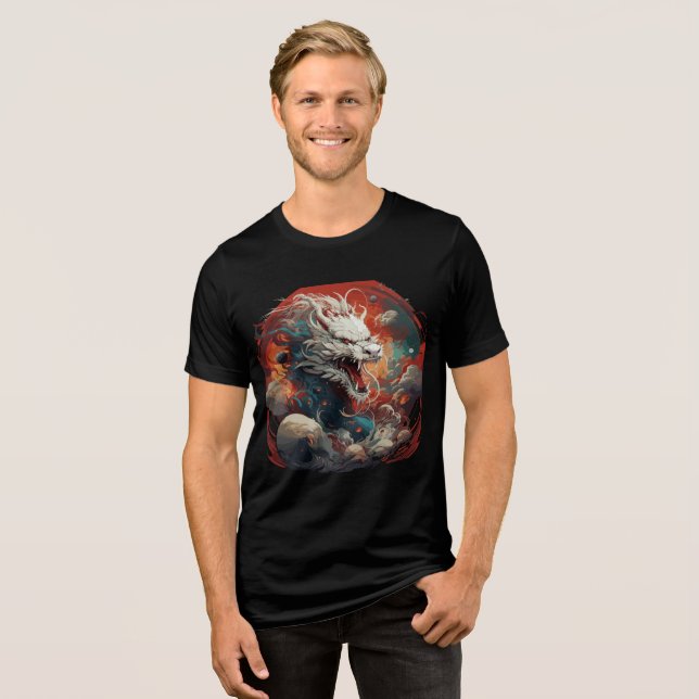 White Cosmic Dragon in Fiery Storm Tri-Blend Shirt (Vorderseite voll)