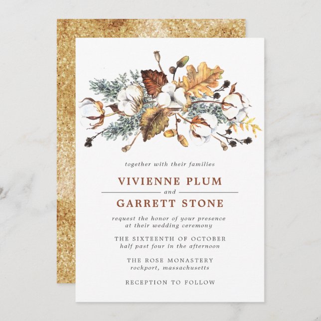 White Cotton Floral Gold Herbst Blätter Hochzeit Einladung (Vorne/Hinten)