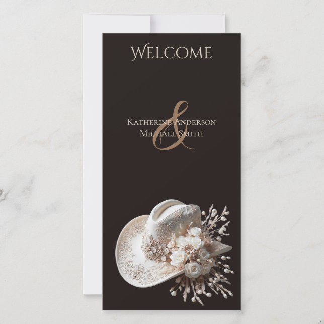 White Cowgirl Hat mit Blume Hochzeitsprogramm (Vorderseite)