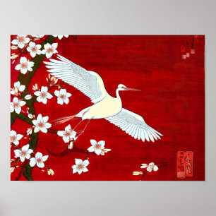 White Crane Cherry Blossom Red Poster