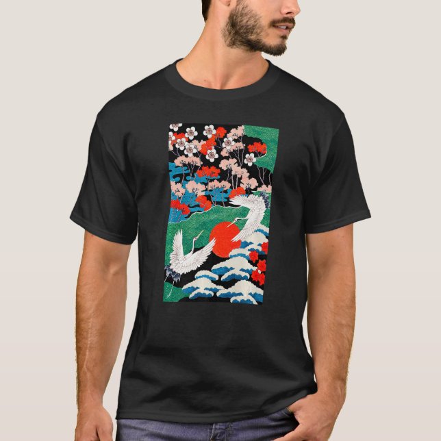 White Cranes Birds Japanese Illustration T-Shirt (Vorderseite)