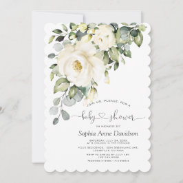 White Cream Floral Handgeschriebenes Script Baby D Einladung