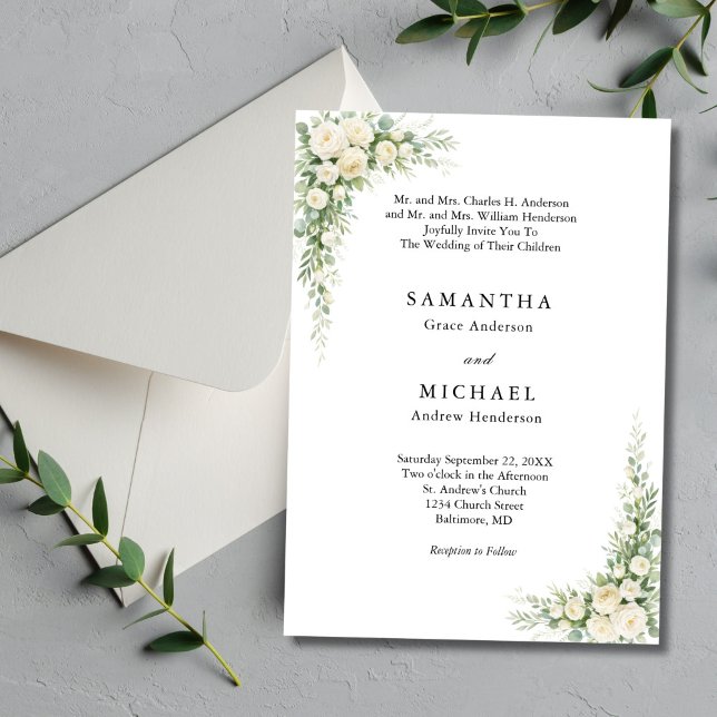White Cream Florals Both Parents Names Wedding Einladung (White Cream Watercolor Florals Roses Elegant Traditional Classic Wedding Invitation)