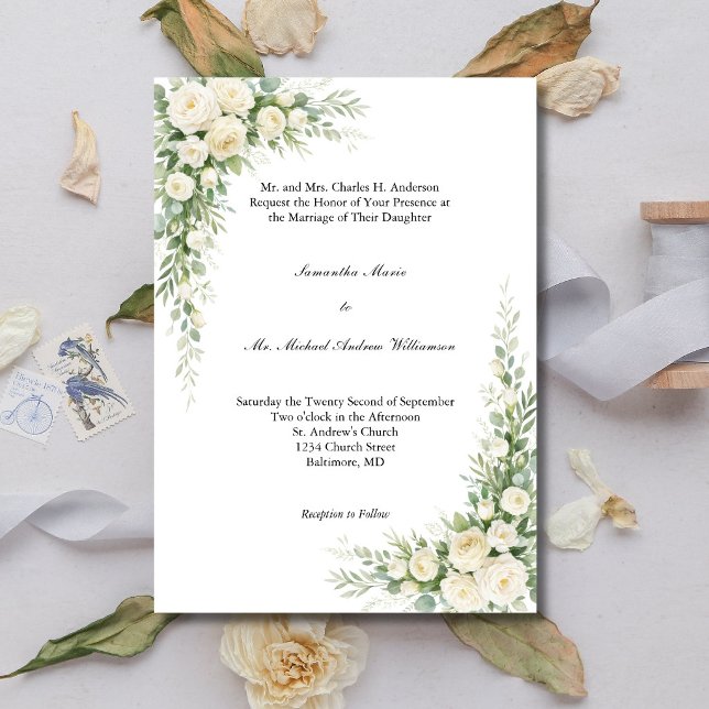 White Cream Florals Traditional Church Wedding Einladung (White Cream Roses and Watercolor Florals Traditional Church Wedding Invitation)