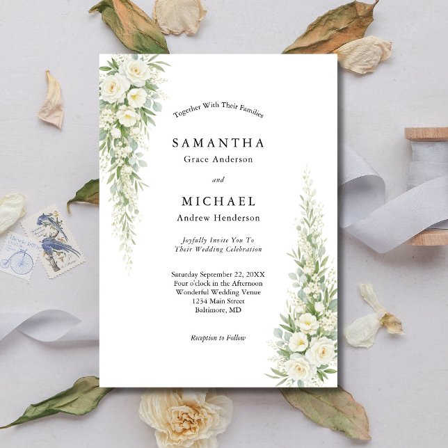  White Cream Roses Florals Wedding Modern Elegant Einladung (White Cream Watercolor Roses Greenery Modern Classic Wedding Invitation)