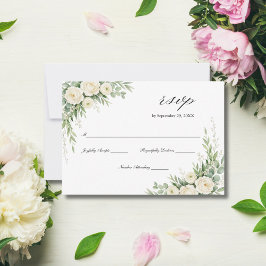 White Cream Watercolor Florals Roses Wedding RSVP Karte