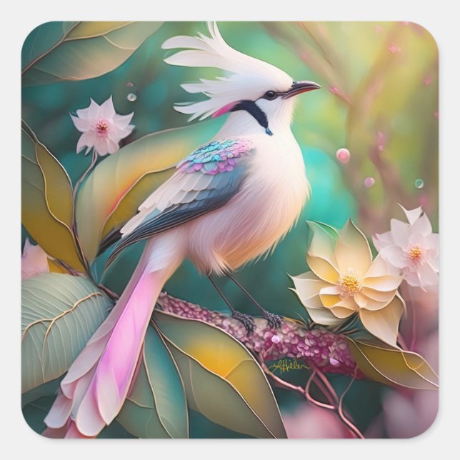 White Creush Blush Schwanz Jay Fantasy Bird Quadratischer Aufkleber (Vorderseite)