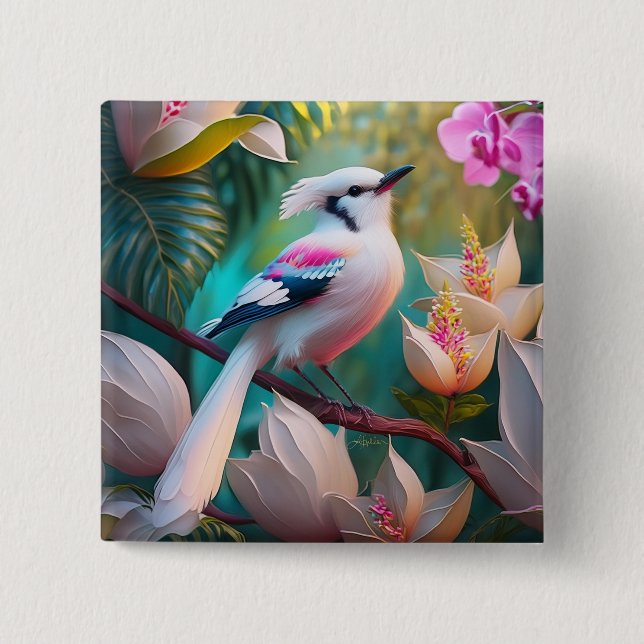 White Creush Chested Fantasy Bird Button (Vorderseite)