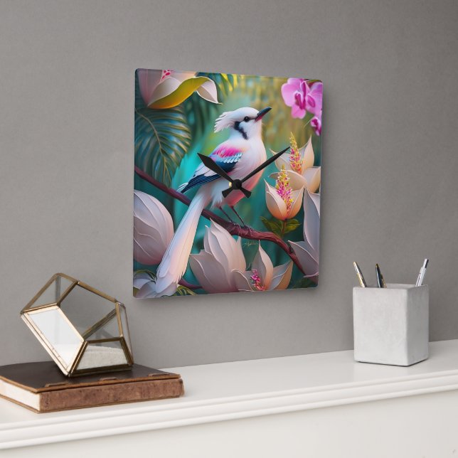 White Creush Chested Fantasy Bird Quadratische Wanduhr (Büro)