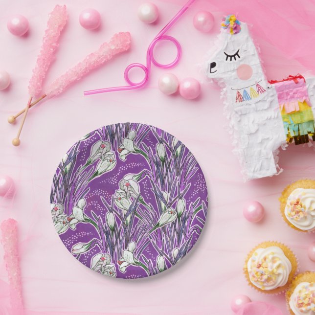 White Crocuses Spring Blume Blumenmuster Lila Pappteller (Party)