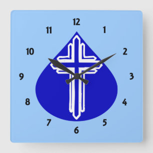 White Cross auf Blue Teardrop Design Quadratische Wanduhr