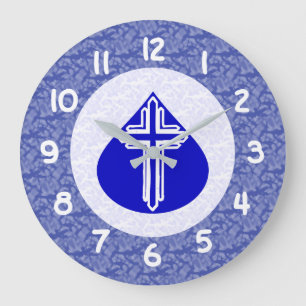 White Cross Blue Teardrop White - Blue Background Große Wanduhr