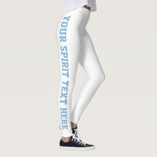 White Custom School Spirit Sky Blue Text Leggings