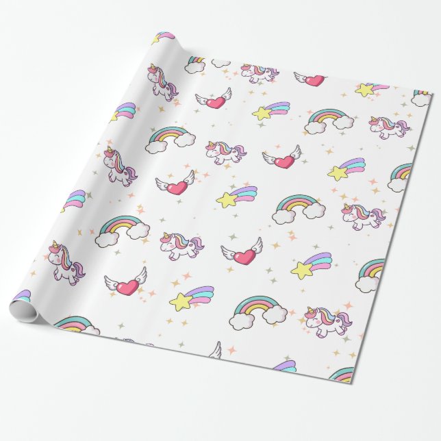 White Cute Rainbow Unicorn Star Magical Geschenkpapier (Ungerollt)