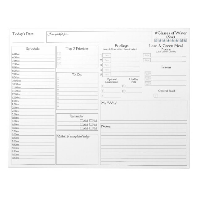 White Daily Planner | 5 und 1 Lebensmitteljournal Notizblock (Vorderseite)