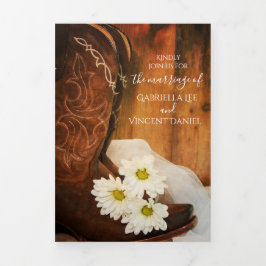 White Daisies and Cowboy Boots Western Wedding Dreifach Gefaltete Einladung