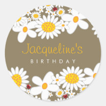 White Daisies and Ladybugs Kid's Birthday Sticker