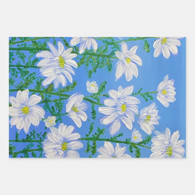 White Daisies auf Sky Blue Hintergrund Geschenkpapier Set (Vorderseite)