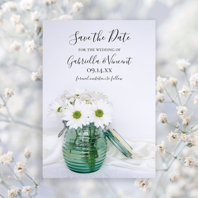 White Daisies Blue Jar Vase Wedding Save the Date (Von Creator hochgeladen)
