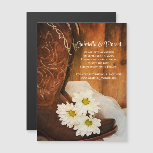 White Daisies Cowboy Boots Wedding Save the Date Magneteinladung (Vorne/Hinten)