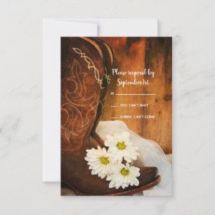 White Daisies Cowboy Boots Western Wedding RSVP Karte