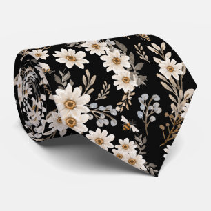 White Daisies Floral Pattern Black Krawatte