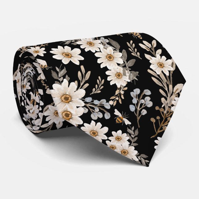 White Daisies Floral Pattern Black Krawatte (Gerollt)