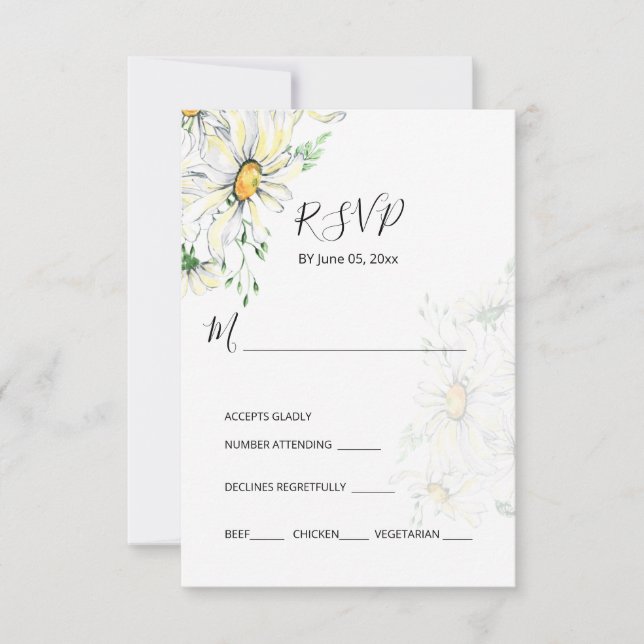White Daisies Greenery Garden Floral Wedding RSVP Karte (Vorderseite)
