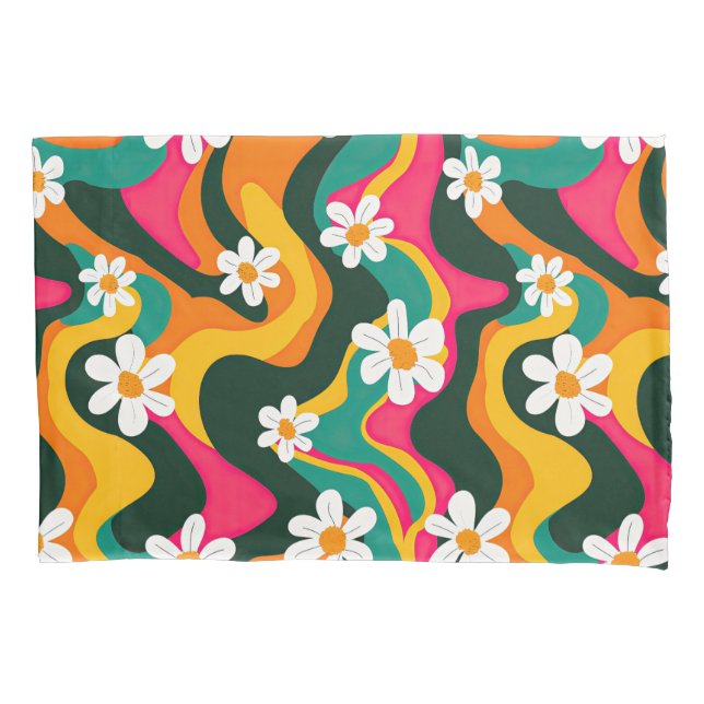 White Daisies Hippie Floral Pattern Colorful Retro Kissenbezug (Vorderseite)