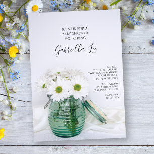 White Daisies in Blue Jar Vase Baby Shower Einladung