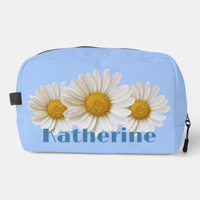 White Daisies Individuelle Name Blue Waschbeutel (Vorderseite)
