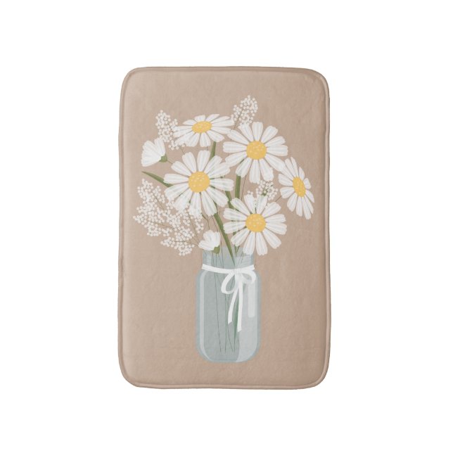 White Daisies Mason Jar auf Beige Badematte (Vorderseite Vertikal)