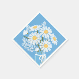 White Daisies Mason Jar Bouquet Blue Corner Serviette