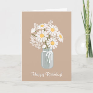 White Daisies Mason Jar Bouquet Happy Birthday Karte