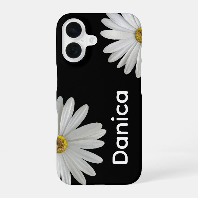 White Daisies on Black iPhone 16 Hülle (Rückseite)