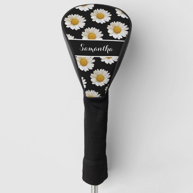 White Daisies on Black Personalisiert Golf Headcover (Vorderseite)