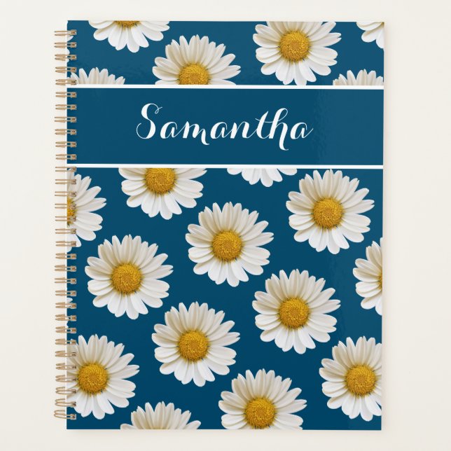 White Daisies on Blue mit Individuelle Name Planer (Vorderseite)