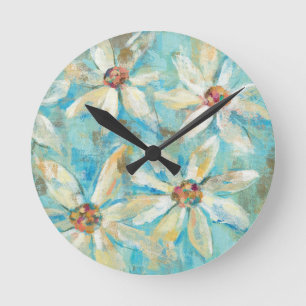 White Daisies on Blue Runde Wanduhr