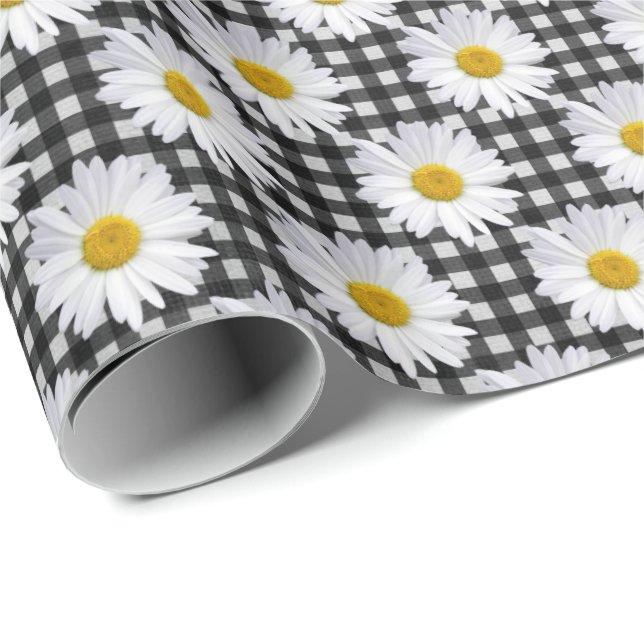 White Daisies on Gingham Geschenkpapier (Rolleneckpunkt)