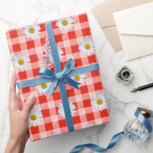 White Daisies on Red and White Gingham Geschenkpapier