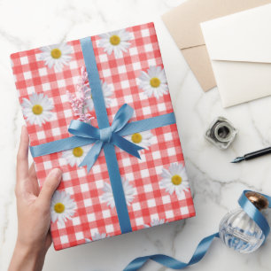 White Daisies on Red and White Gingham Geschenkpapier