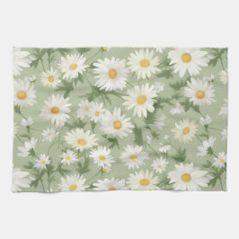 White Daisies on Sage Green Geschirrtuch
