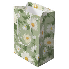 White Daisies on Sage Green Mittlere Geschenktüte