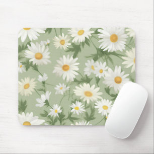 White Daisies on Sage Green Mousepad