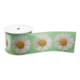 White Daisies on Sage Green Satinband