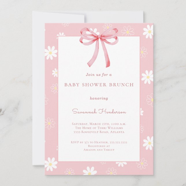 White Daisies Pink Bow Ribbon Baby Shower Brunch  Einladung (Vorderseite)