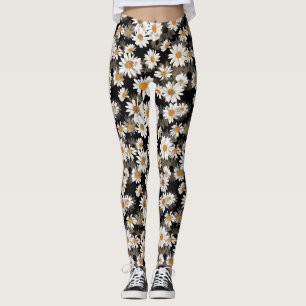 White Daisies über schwarzes Blumenmuster Leggings