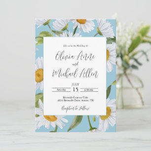 White Daisies Watercolor Blue Wedding Einladung