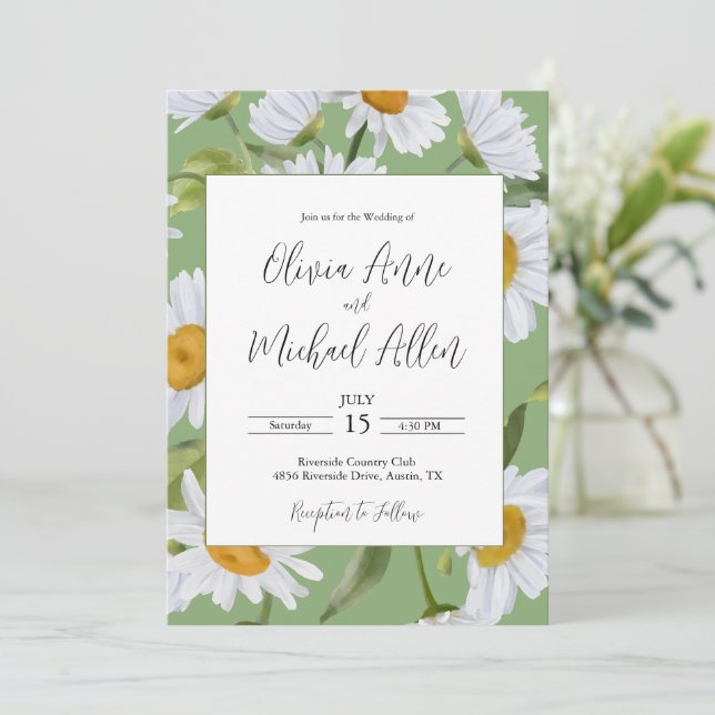 White Daisies Watercolor Green Wedding Einladung (Stehend Vorderseite)